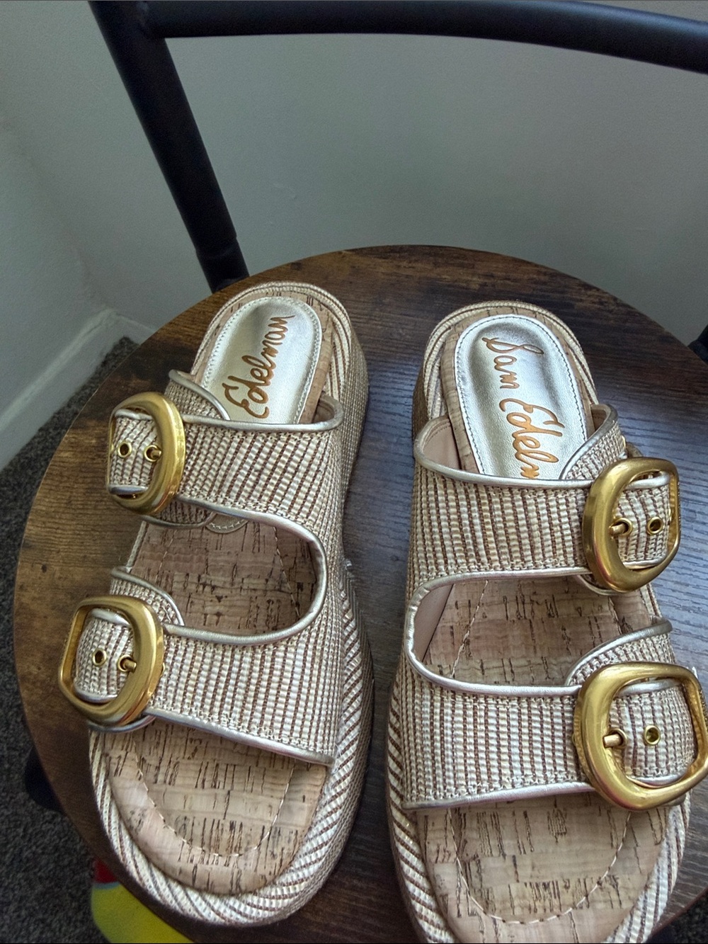 Sam Edelman Metallic Champagne Double Buckle Cork Slide Sandals 6 1/2